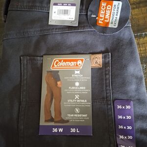 New Mens 36x30 Coleman Dark Gray Fleece Lined Utility Pants